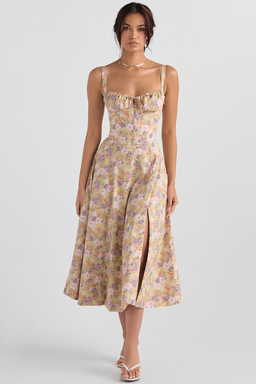 Womens Sleeveless Midi Dress with Gathered Bust Detail