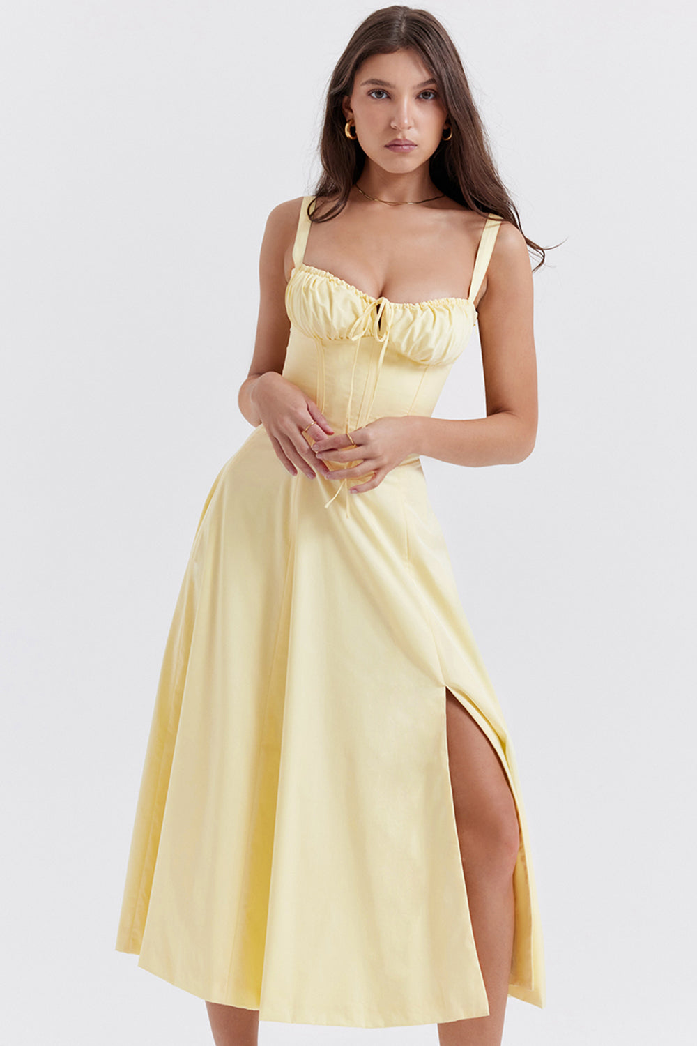 Womens Sleeveless Midi Dress with Gathered Bust Detail