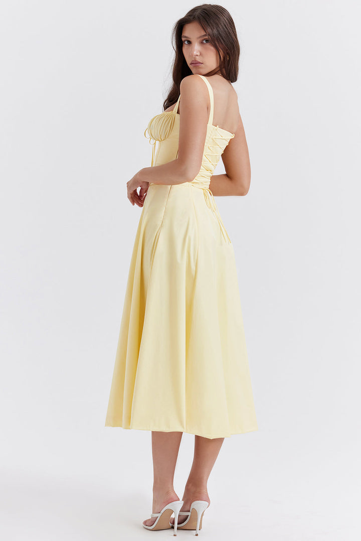 Womens Sleeveless Midi Dress with Gathered Bust Detail