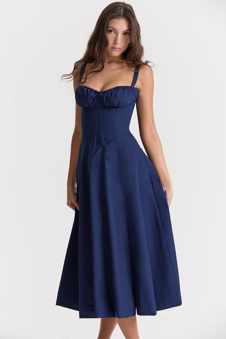 Womens Sleeveless Midi Dress with Gathered Bust Detail