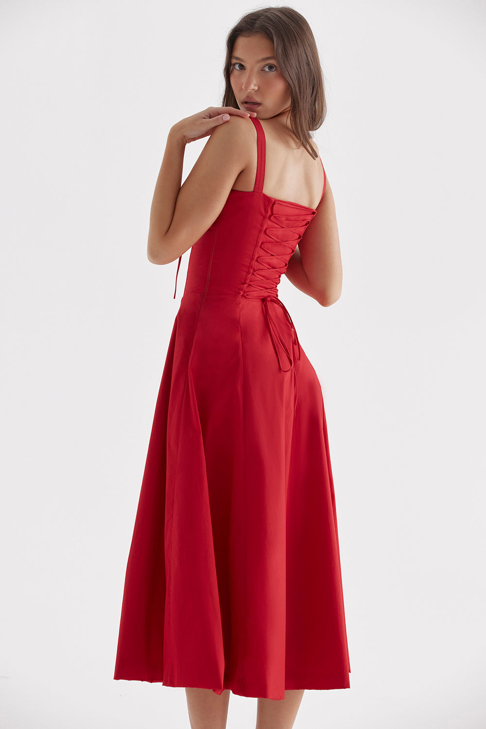 Womens Sleeveless Midi Dress with Gathered Bust Detail
