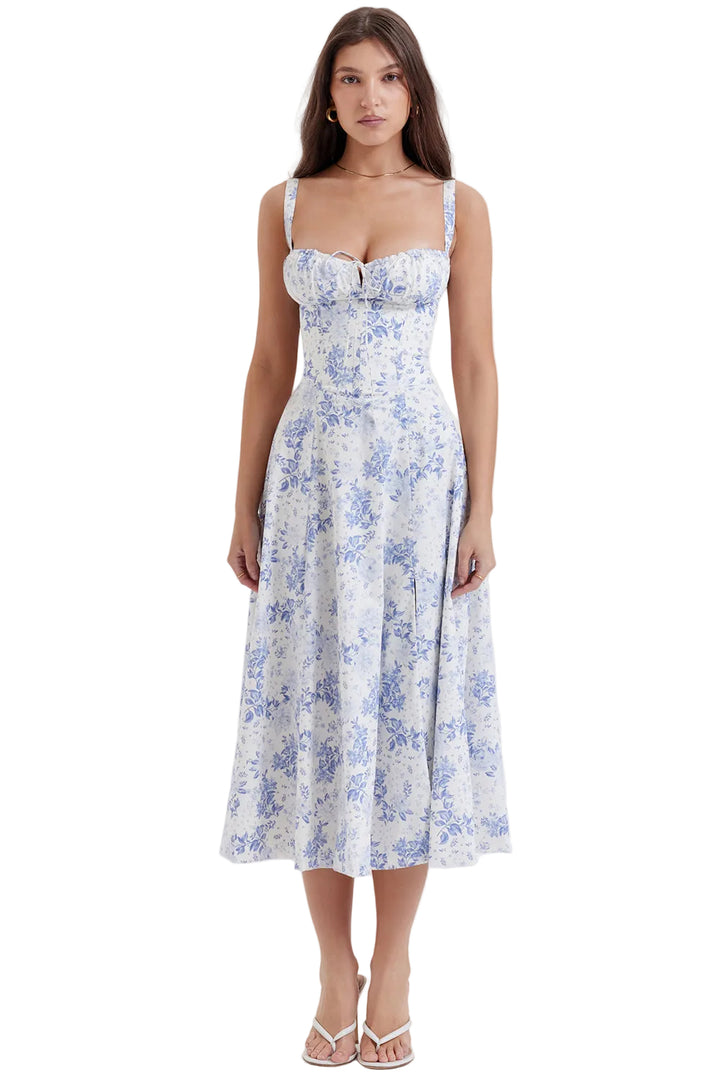 Womens Sleeveless Midi Dress with Gathered Bust Detail