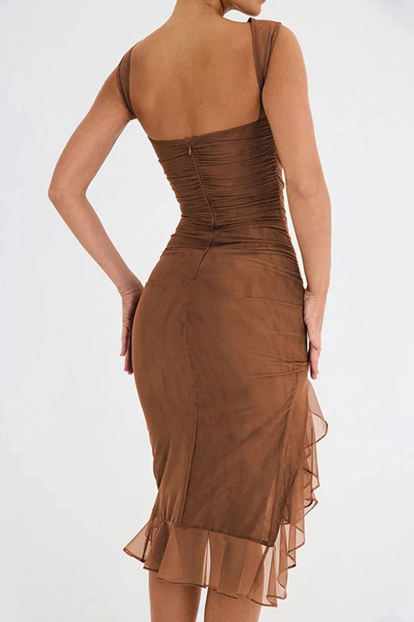 Womens Sleeveless Midi Dress with Ruched Body and Asymmetrical Hem