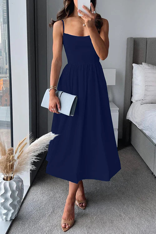 Womens Sleeveless Midi Dress with Shoulder Straps