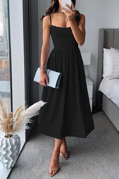 Womens Sleeveless Midi Dress with Shoulder Straps