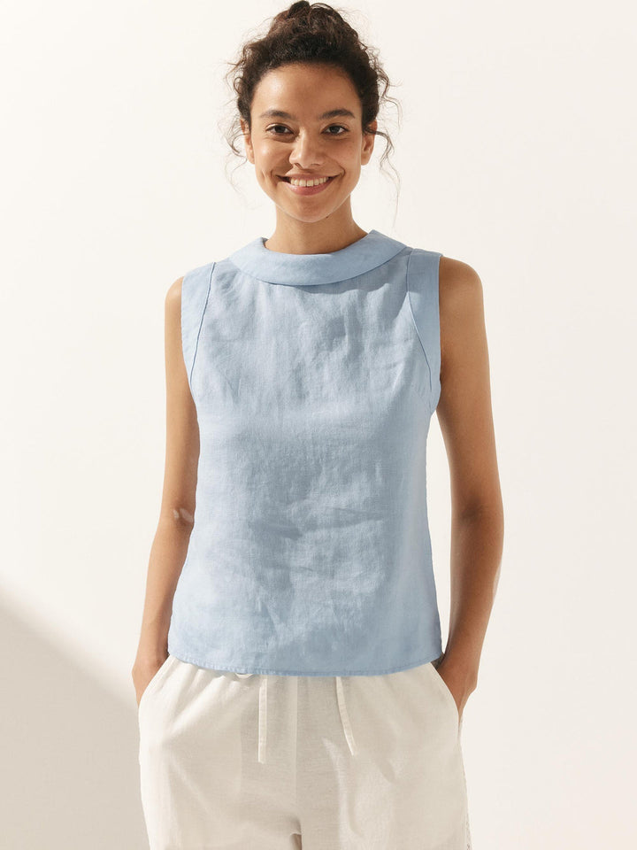 Women’s Sleeveless Top with High Neck and Structured Collar