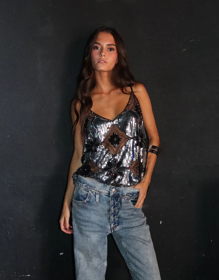 Women’s Sleeveless Top with V Neck and Metallic Finish