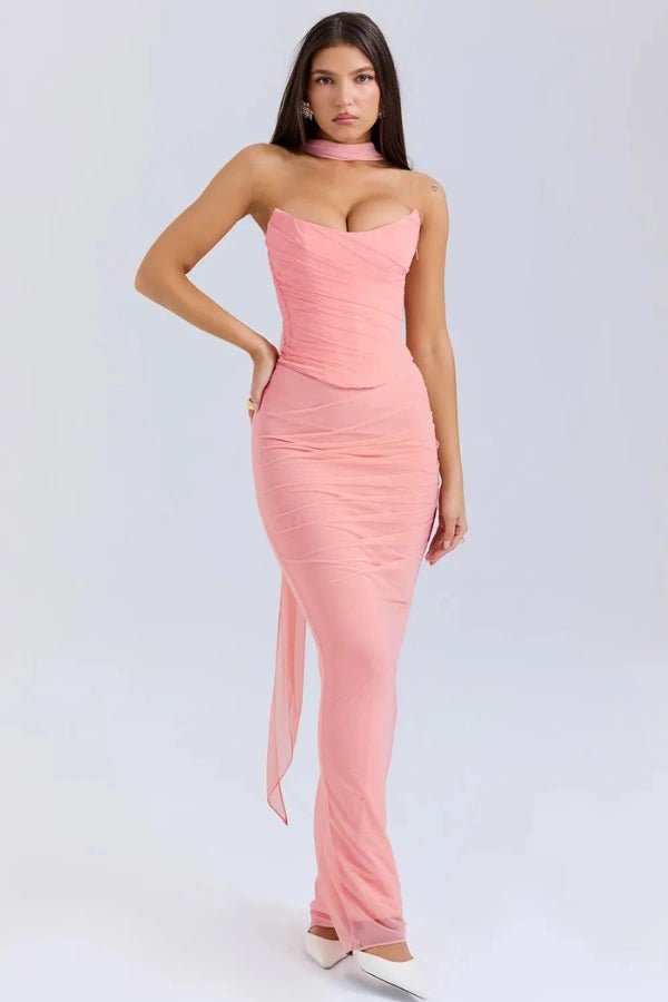 Womens Strapless Maxi Dress with Choker Neck Detail