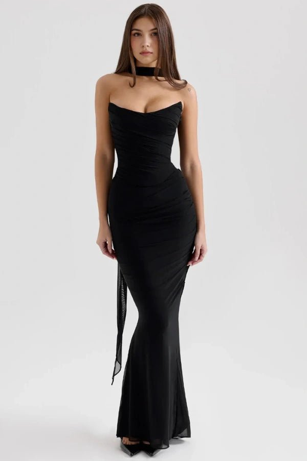 Womens Strapless Maxi Dress with Choker Neck Detail