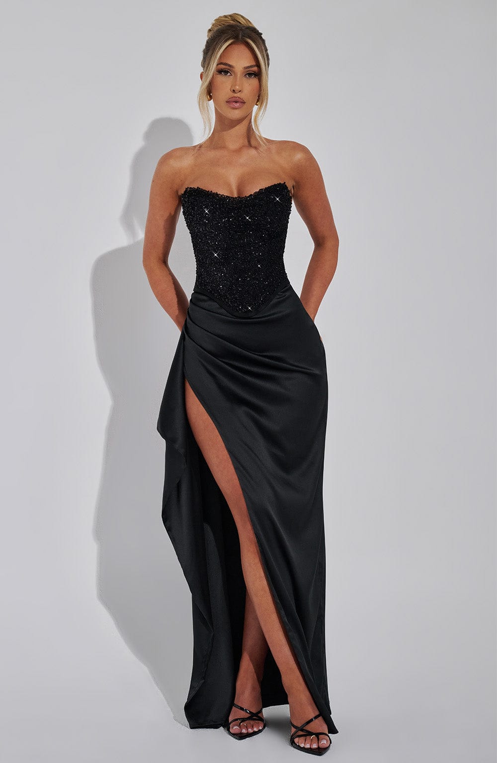 Womens Strapless Maxi Dress with High Slit and Draped Skirt
