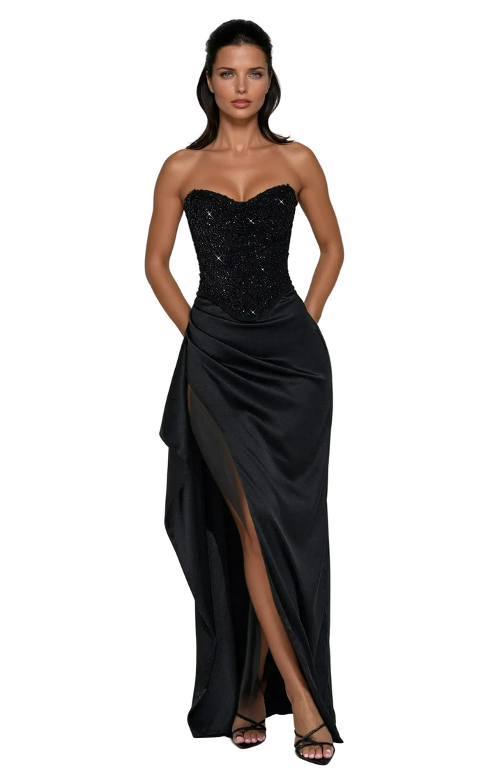 Womens Strapless Maxi Dress with High Slit and Draped Skirt