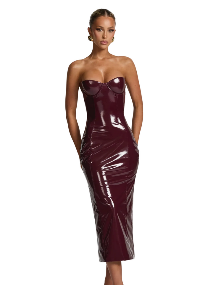 Womens Strapless Midi Dress with Structured Bodice