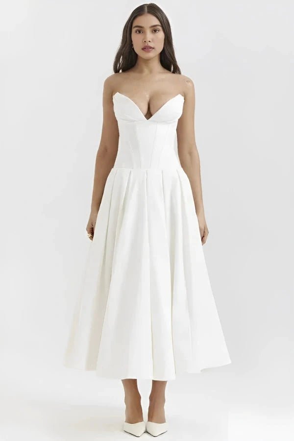 Womens Strapless Midi Dress with Structured Bodice and Pleated Skirt