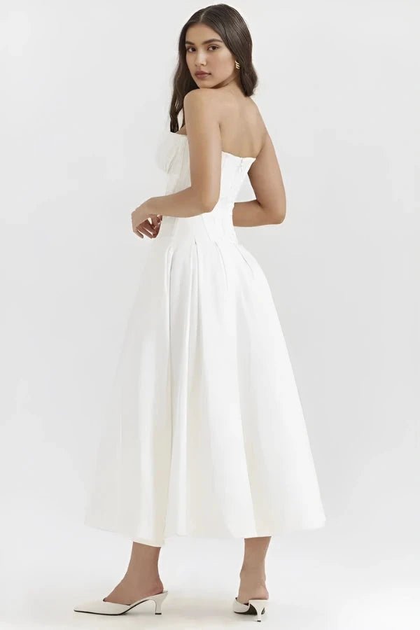 Womens Strapless Midi Dress with Structured Bodice and Pleated Skirt