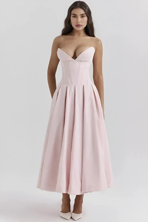 Womens Strapless Midi Dress with Structured Bodice and Pleated Skirt