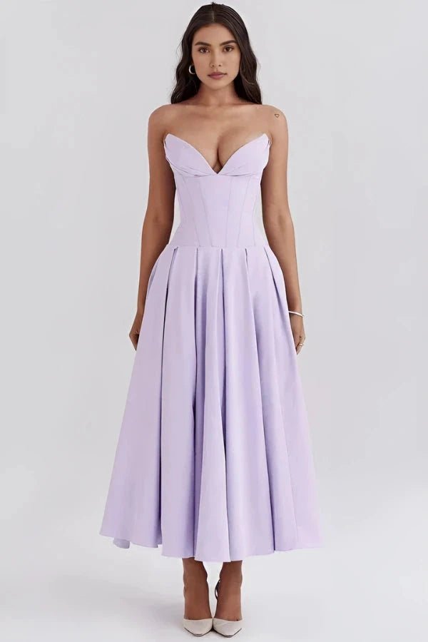 Womens Strapless Midi Dress with Structured Bodice and Pleated Skirt