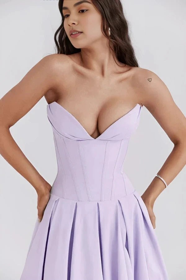 Womens Strapless Midi Dress with Structured Bodice and Pleated Skirt