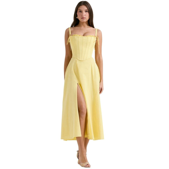Womens Strapless Midi Dress with Structured Bodice and Pleated Skirt