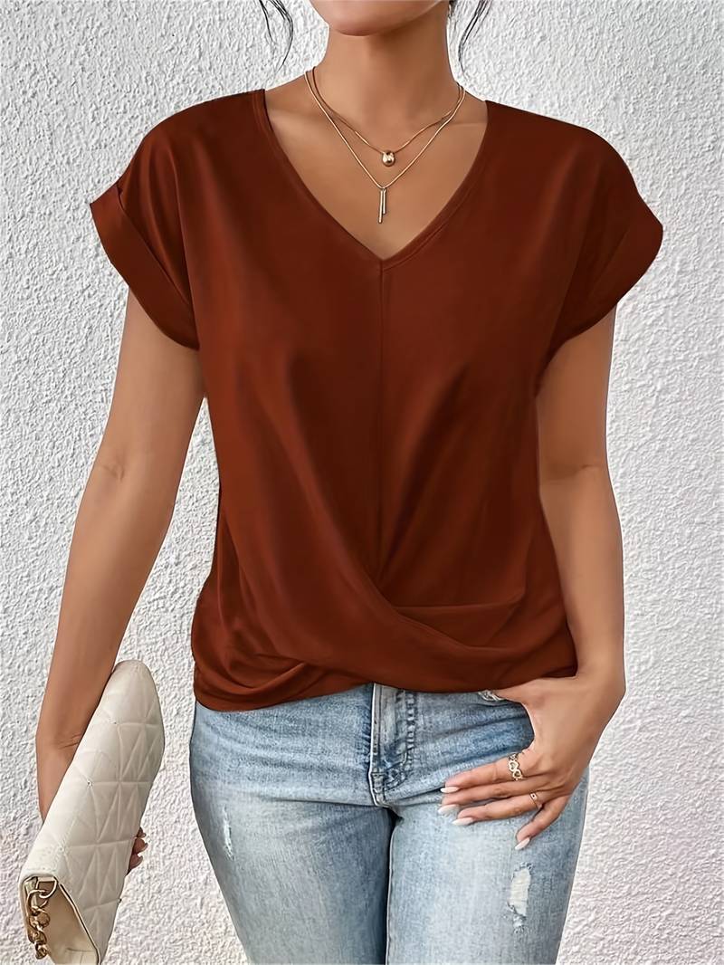 Womens V-Neck Short Sleeve Blouse with Twist Hem Detail