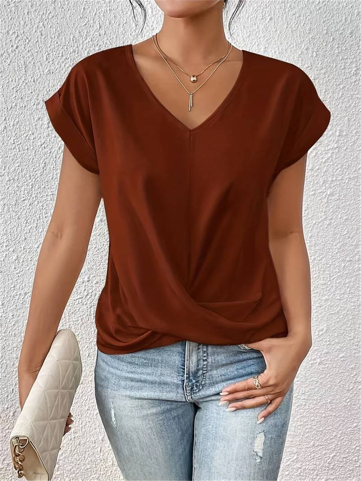 Womens V-Neck Short Sleeve Blouse with Twist Hem Detail