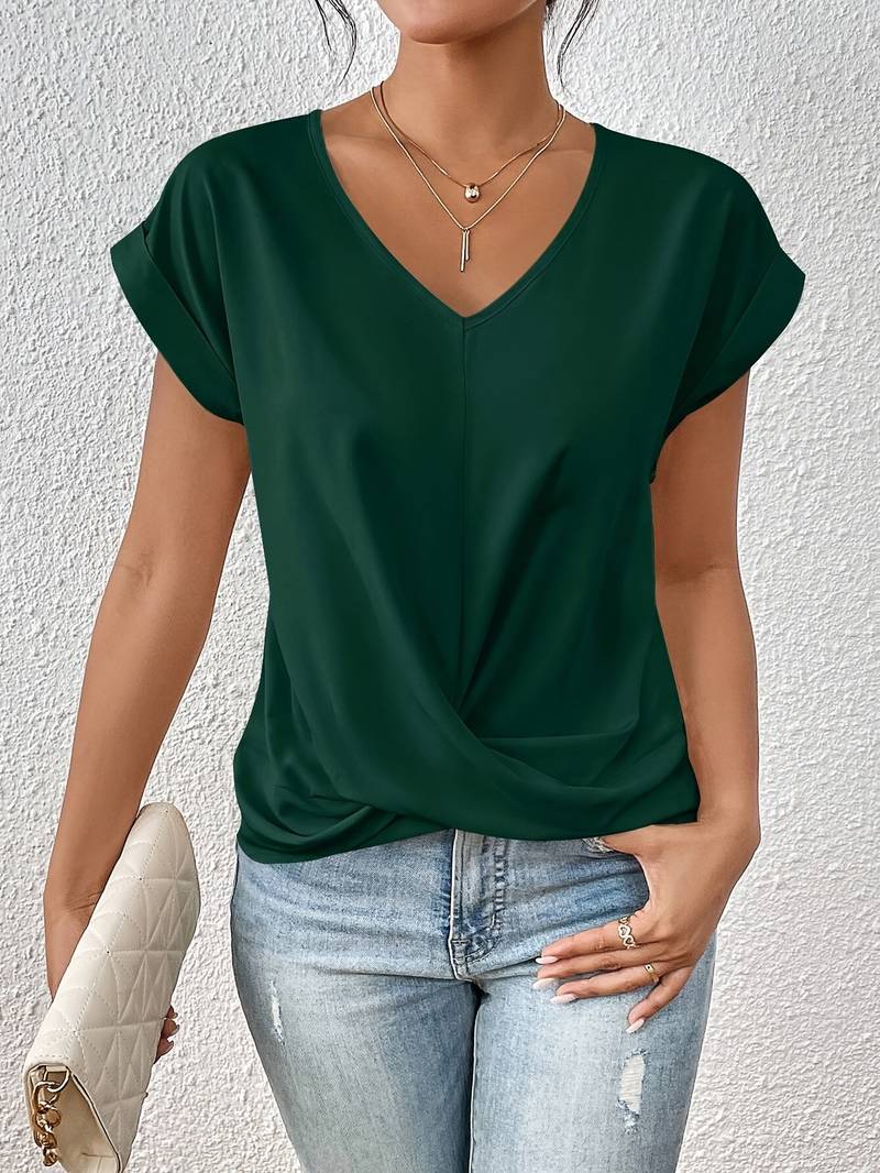 Womens V-Neck Short Sleeve Blouse with Twist Hem Detail