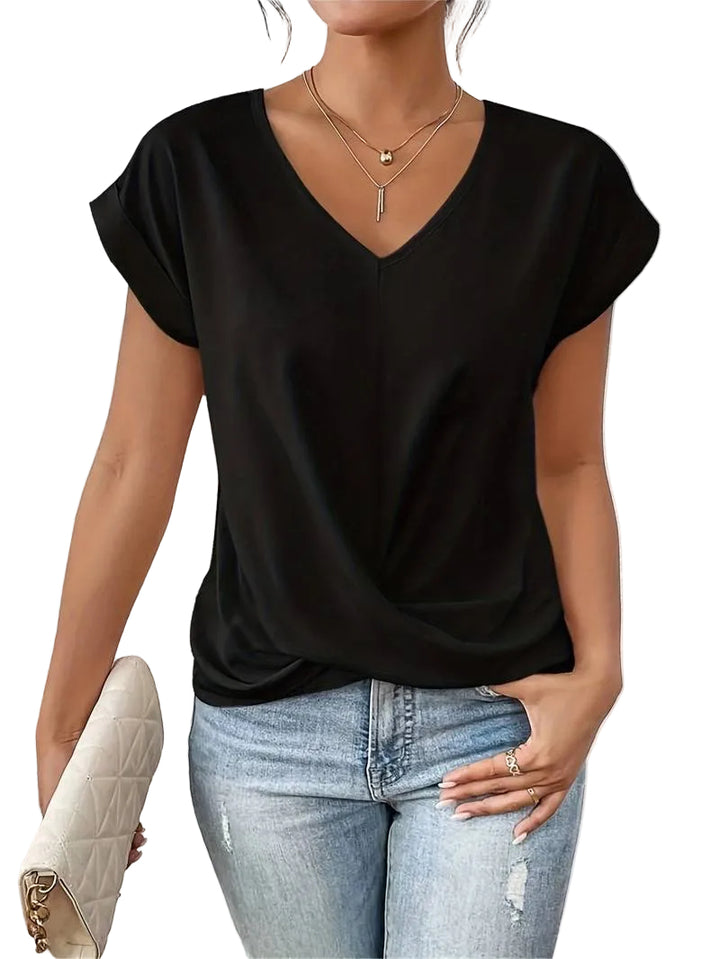 Womens V-Neck Short Sleeve Blouse with Twist Hem Detail