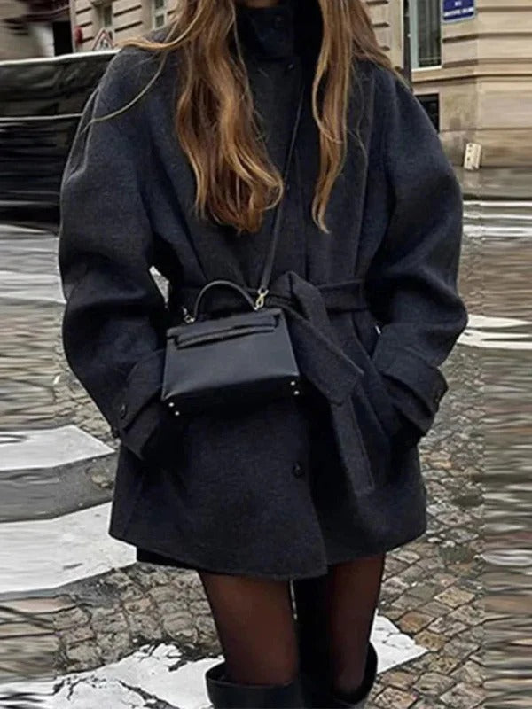 Women’s Belted Coat with Button Front and Long Sleeves
