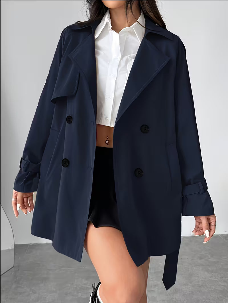 Women’s Belted Double Breasted Trench Coat with Lapel Collar