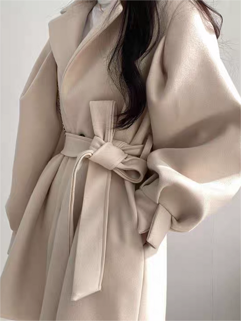 Women’s Belted Long Sleeve Coat with Lapel Collar