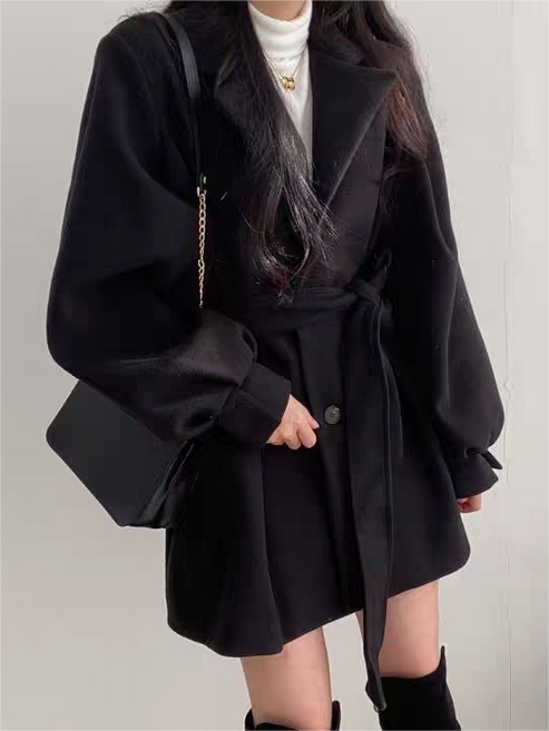 Women’s Belted Long Sleeve Coat with Lapel Collar