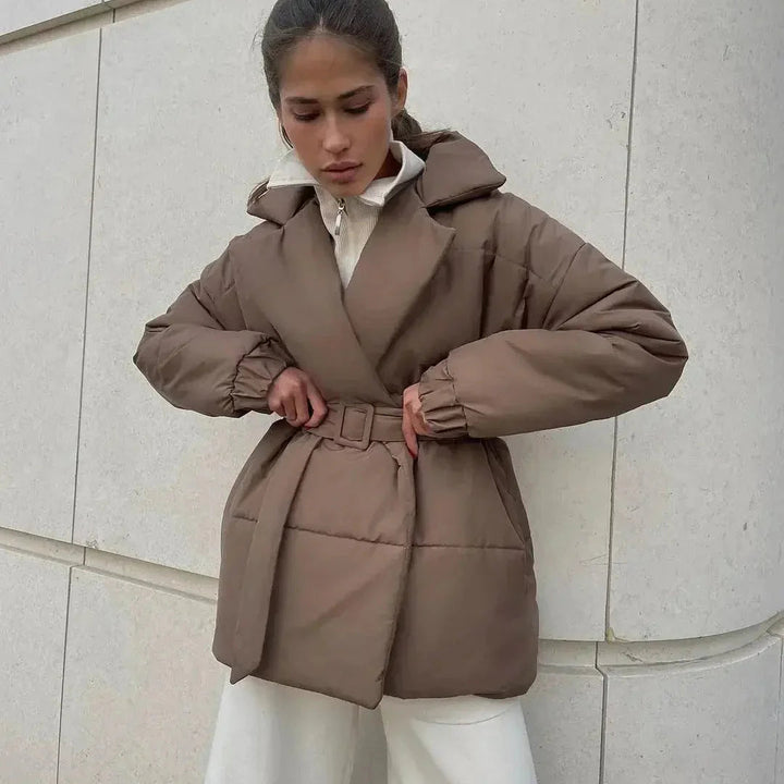 Women’s Belted Puffer Jacket with Shawl Collar