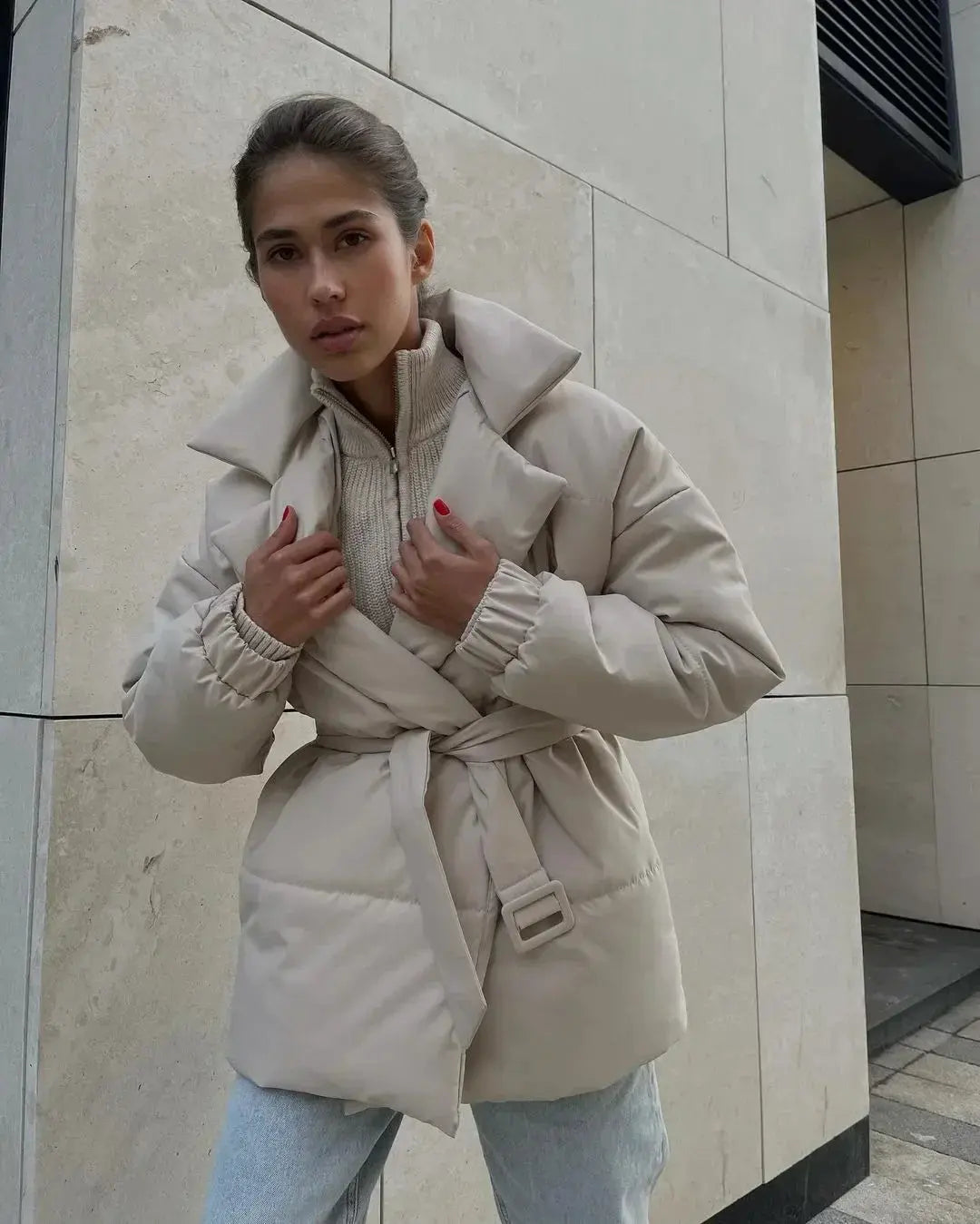 Women’s Belted Puffer Jacket with Shawl Collar