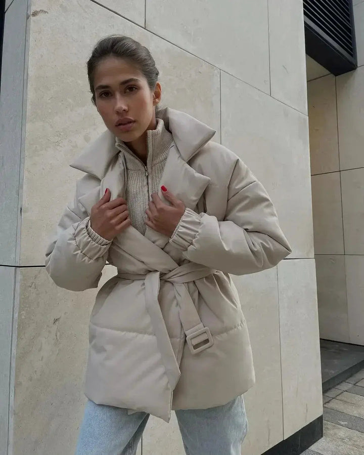 Women’s Belted Puffer Jacket with Shawl Collar