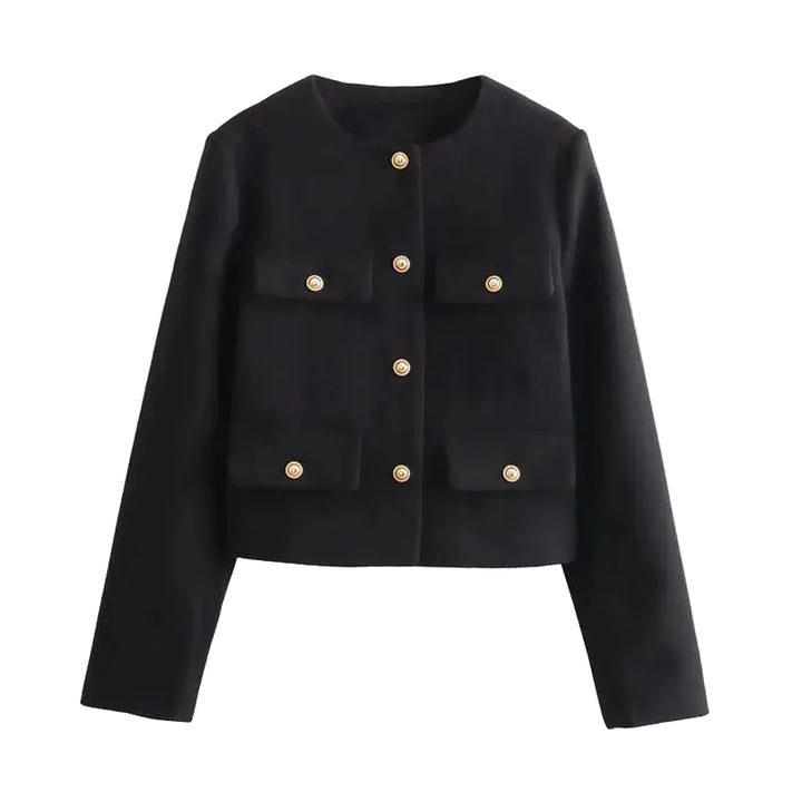 Women’s Button-Front Jacket with Round Neck and Front Pockets