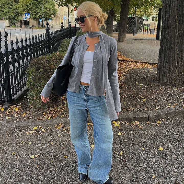 Women’s Button Front Knit Cardigan with Neck Scarf
