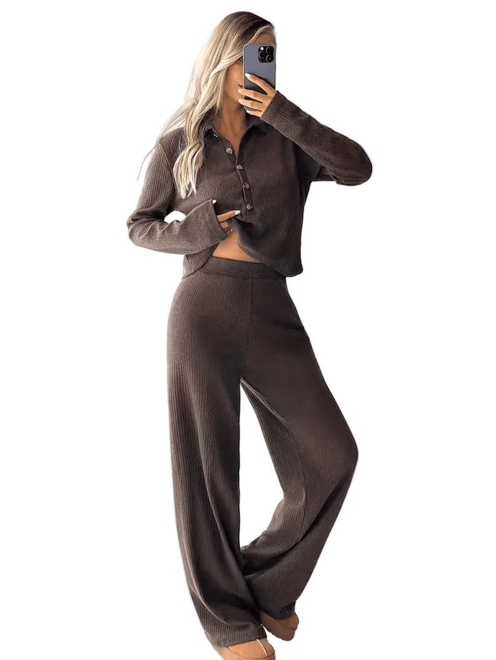 Women’s Button Front Long Sleeve Top and Wide Leg Trousers Set