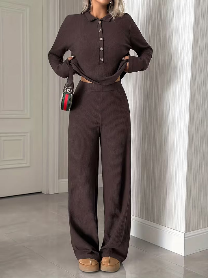 Women’s Button Front Long Sleeve Top and Wide Leg Trousers Set
