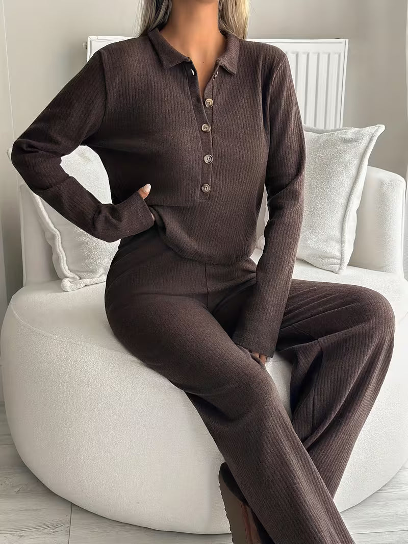 Women’s Button Front Long Sleeve Top and Wide Leg Trousers Set