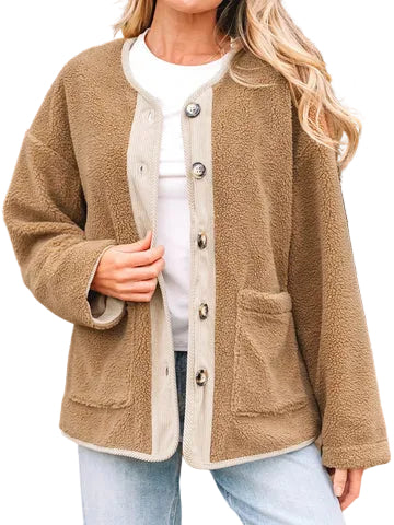 Women’s Button Front Teddy Jacket with Patch Pockets