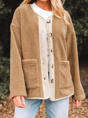 Women’s Button Front Teddy Jacket with Patch Pockets
