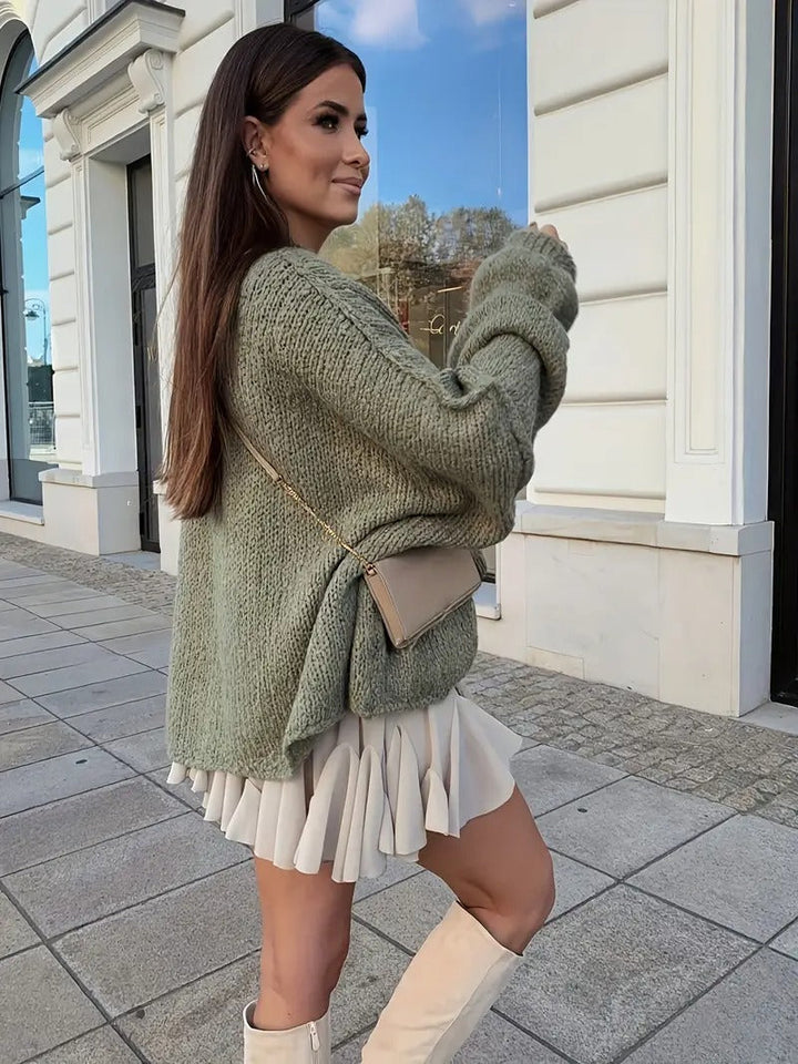 Women’s Cardigan with High Ribbed Collar and Button Closure
