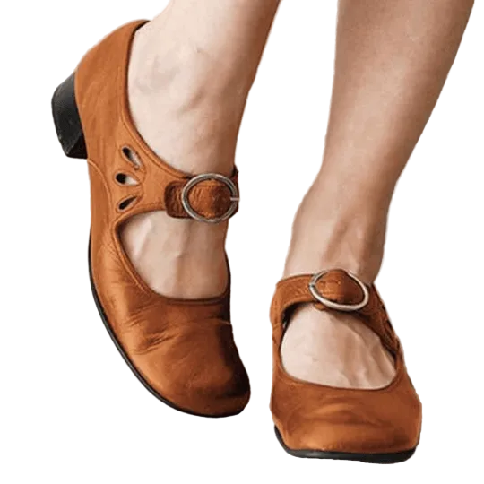 Women’s Closed Toe Heeled Shoes with Strap and Buckle Detail
