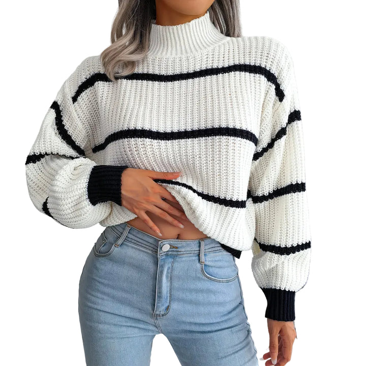 Women’s Cropped Knit Jumper with High Neck and Horizontal Stripe Pattern