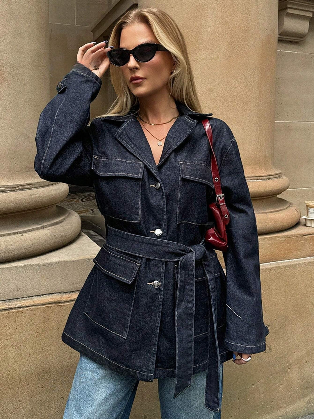 Women’s Denim Jacket Dress with Button Front and Waist Belt