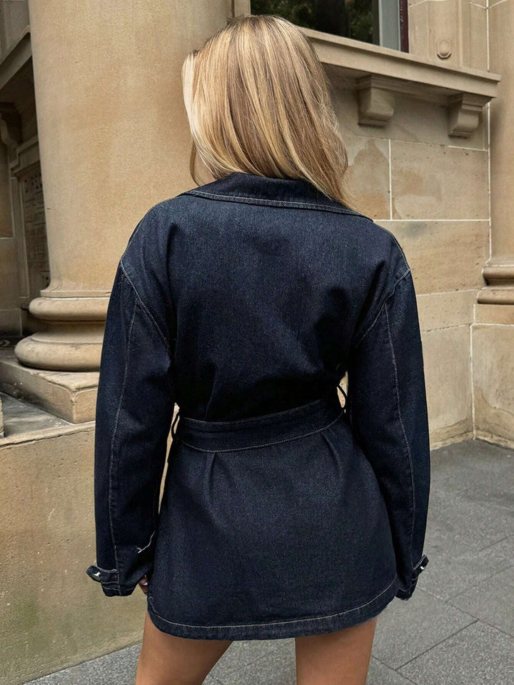 Women’s Denim Jacket Dress with Button Front and Waist Belt