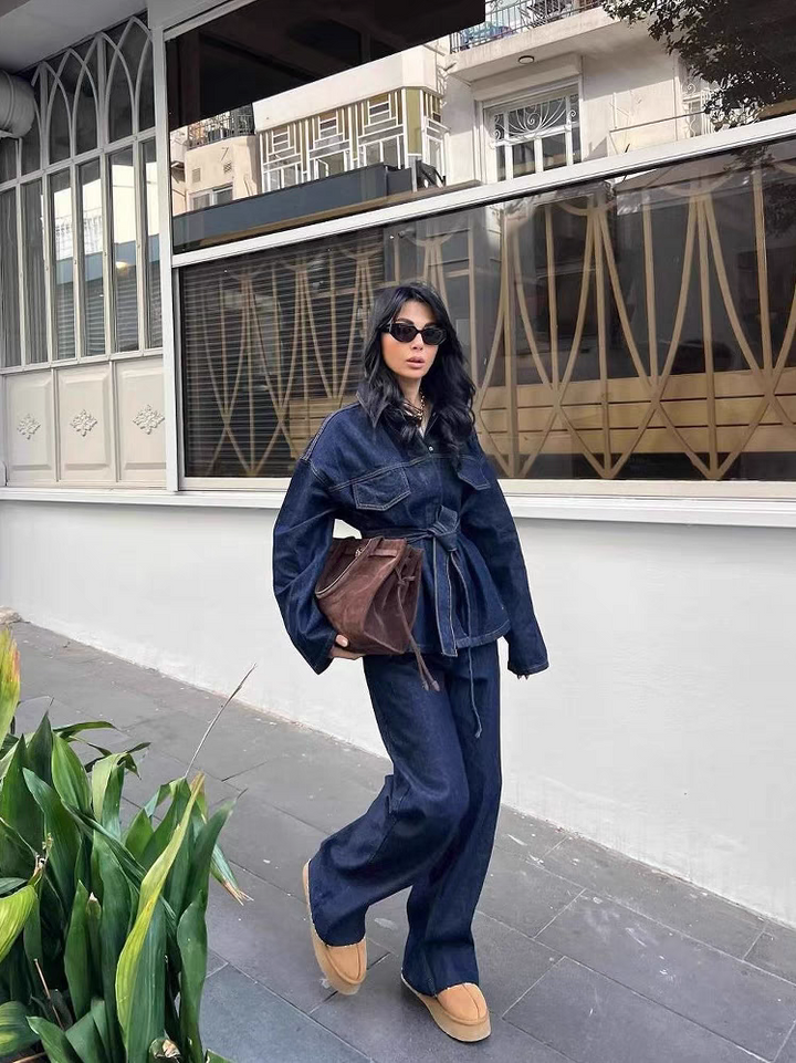Women’s Denim Two-Piece Set with Belted Jacket and Straight-Leg Jeans