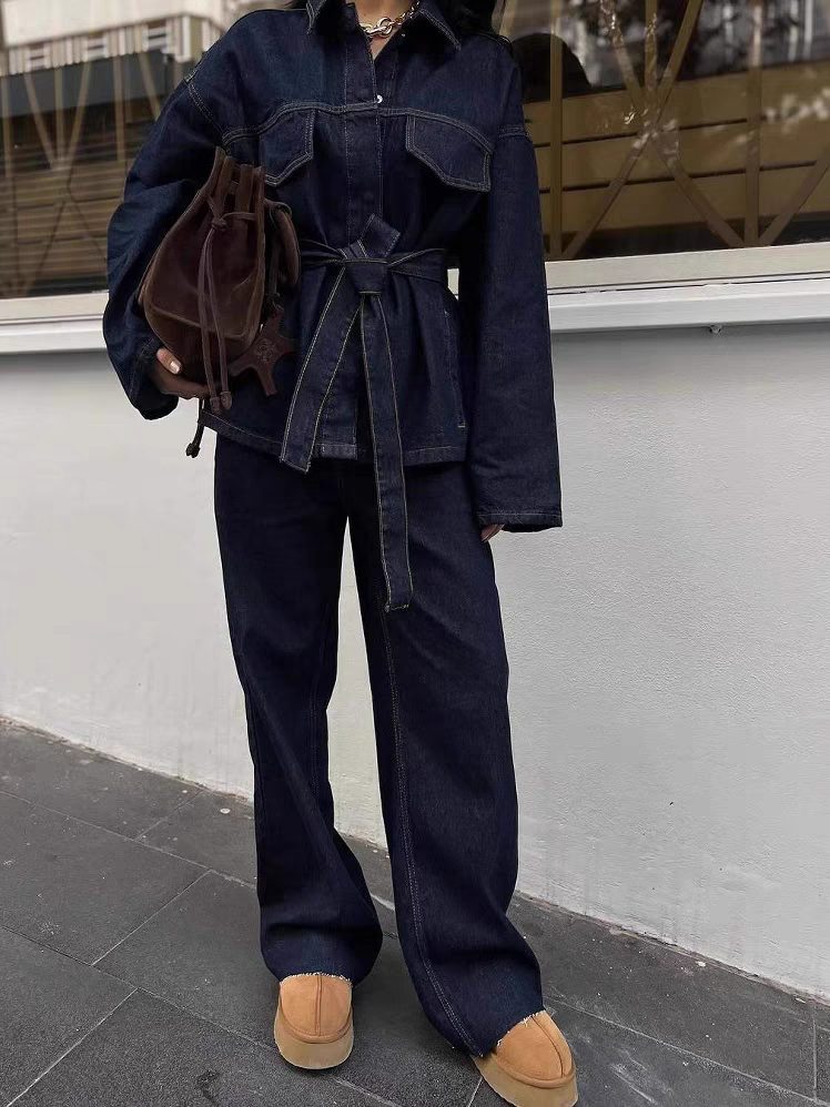 Women’s Denim Two-Piece Set with Belted Jacket and Straight-Leg Jeans