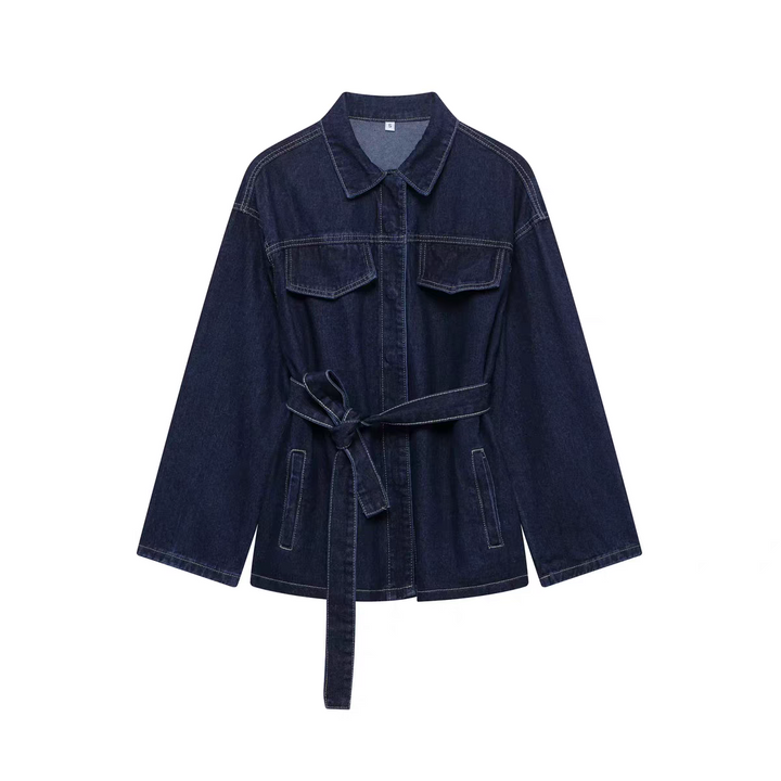 Women’s Denim Two-Piece Set with Belted Jacket and Straight-Leg Jeans