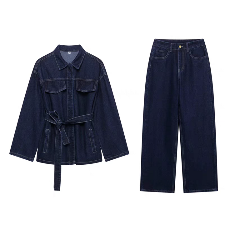 Women’s Denim Two-Piece Set with Belted Jacket and Straight-Leg Jeans