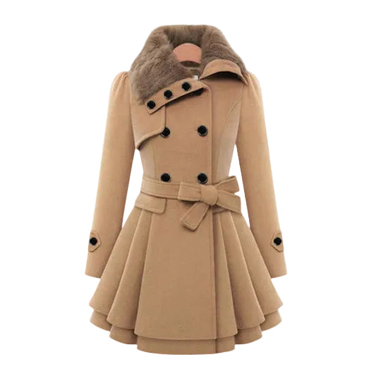 Women’s Double Breasted Belted Coat with Faux Fur Collar